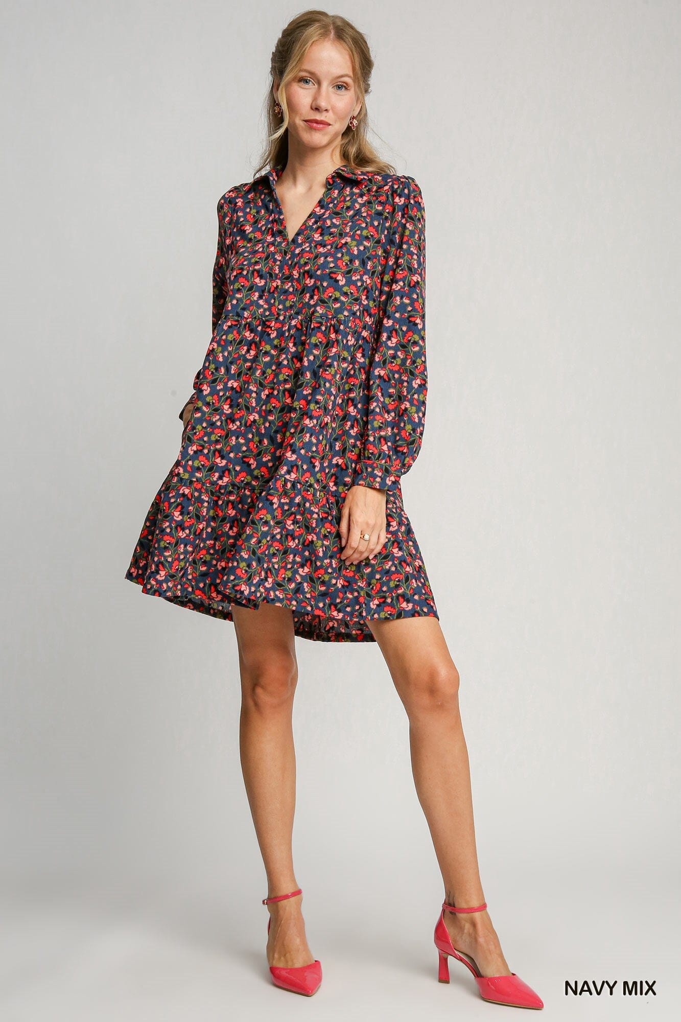 Navy Floral Collared Dress Umgee