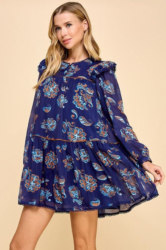 Navy Paisley Print Scalloped Detail Dress TCEC