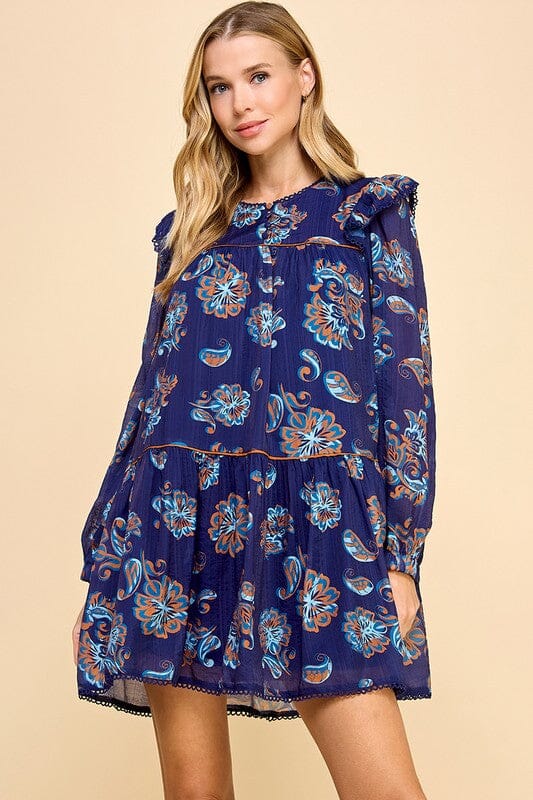 Navy Paisley Print Scalloped Detail Dress TCEC