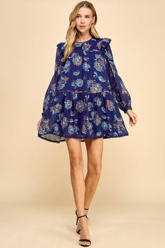 Navy Paisley Print Scalloped Detail Dress TCEC