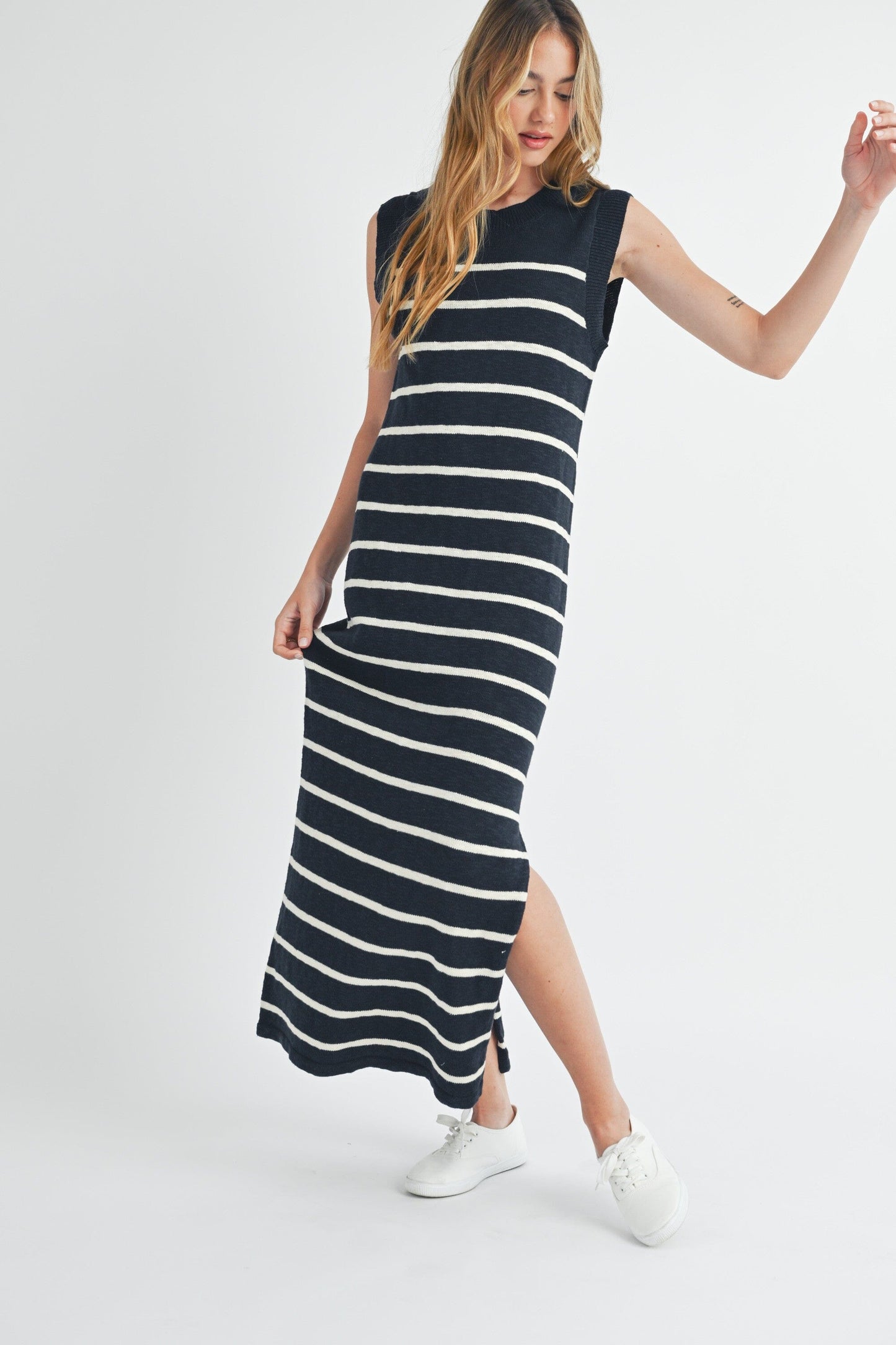 Navy Sleeveless Stripe Knit Maxi Mable