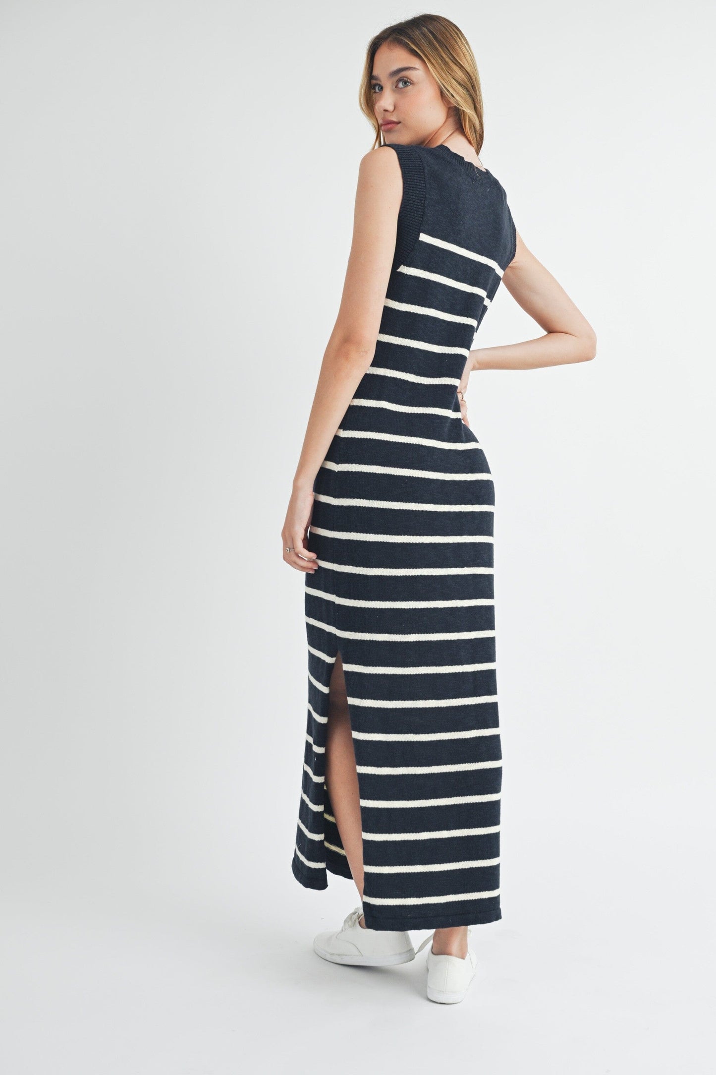 Navy Sleeveless Stripe Knit Maxi Mable