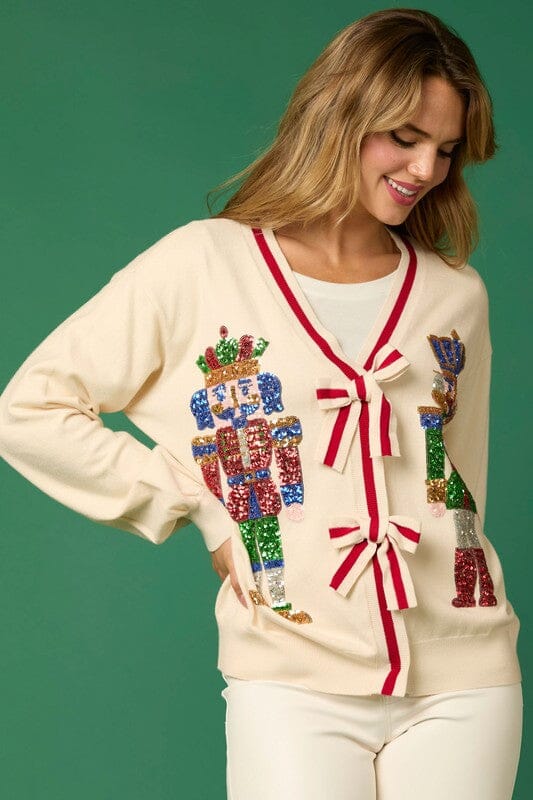 Nutcracker Sequin Cardigan with Bow Detail fantastic fawn