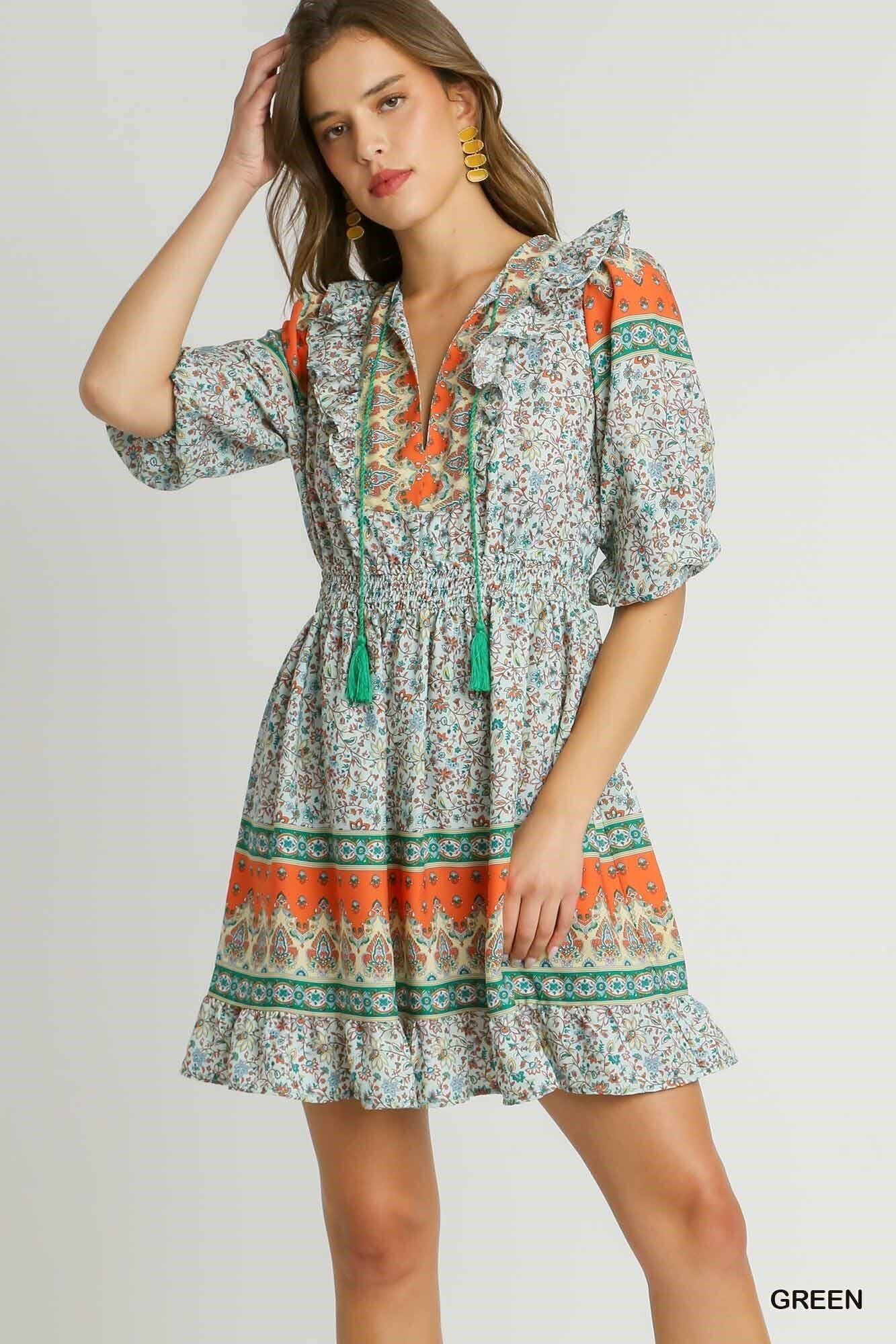 Orange Border Print Dress with Tassel Front Tie Umgee