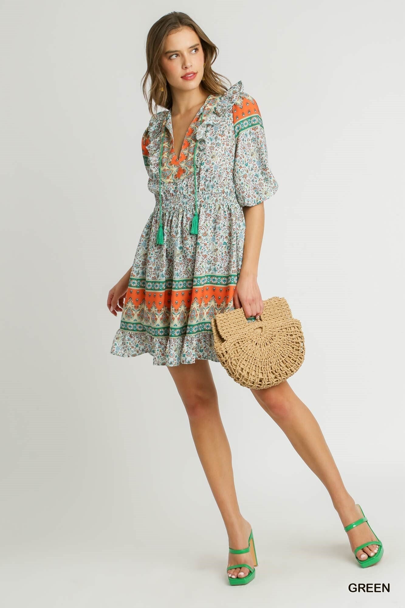 Orange Border Print Dress with Tassel Front Tie Umgee