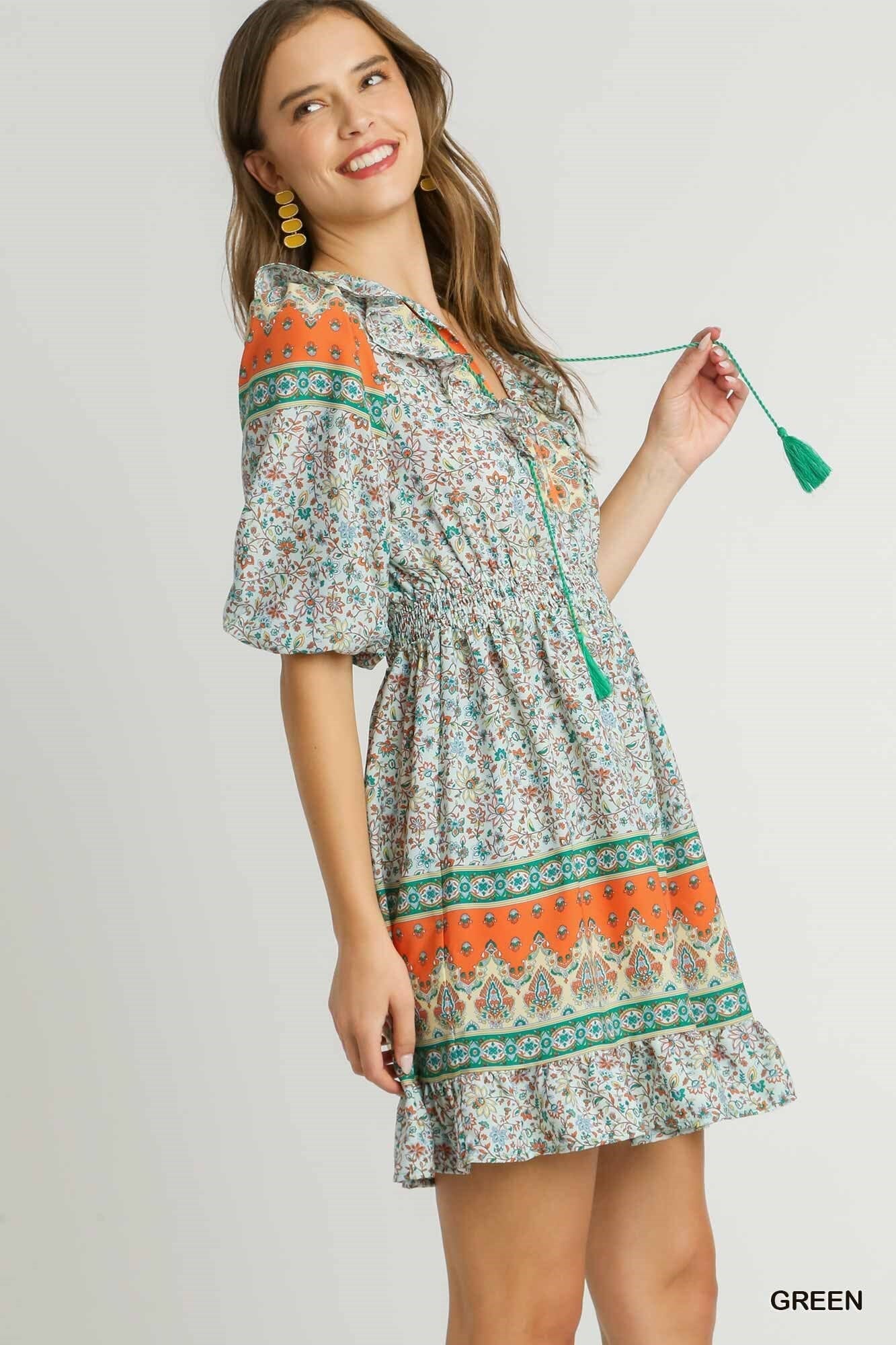 Orange Border Print Dress with Tassel Front Tie Umgee