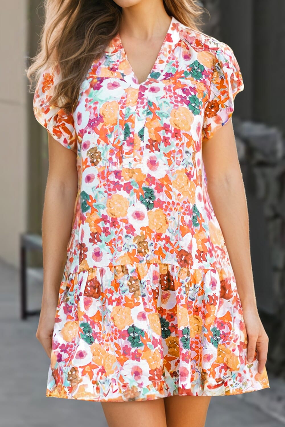 Orange Floral Split Neck Flutter Sleeve Dress shiying