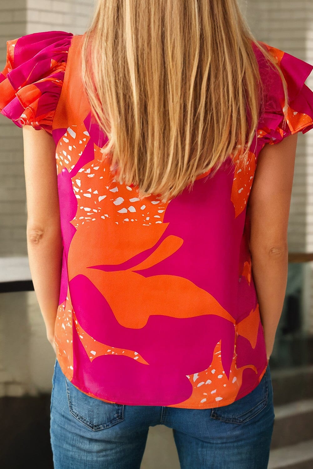 Orange/Pink Abstract Print Ruffled SS Pleated Blouse jupiter and me
