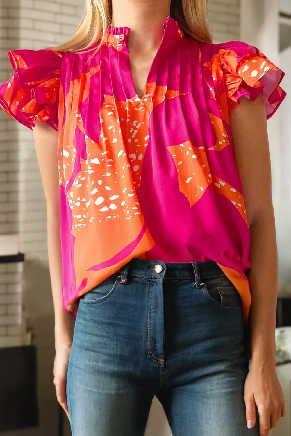 Orange/Pink Abstract Print Ruffled SS Pleated Blouse jupiter and me