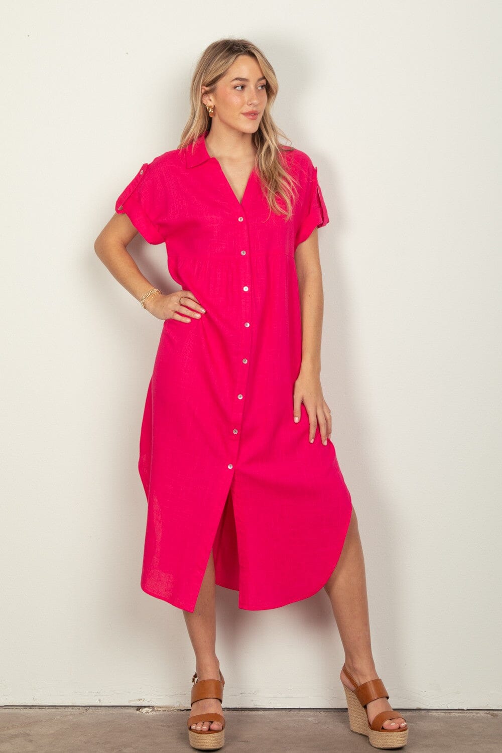 Oversized Solid Linen Woven Midi Dress Very J