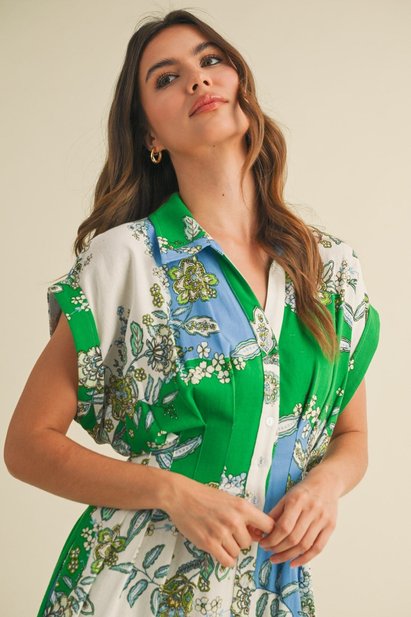 PAISLEY PLEATED WAIST BUTTON DOWN MINI DRESS &merci