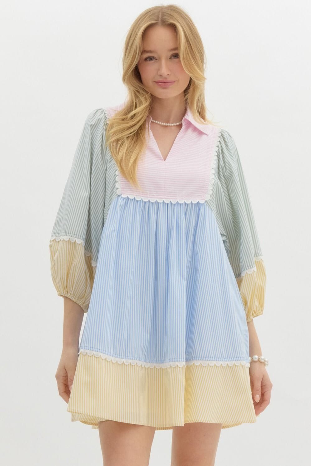 strapless open back dress Pastel Striped Colorblock Puff Sleeve Dress – SNAP-Something New And Pretty