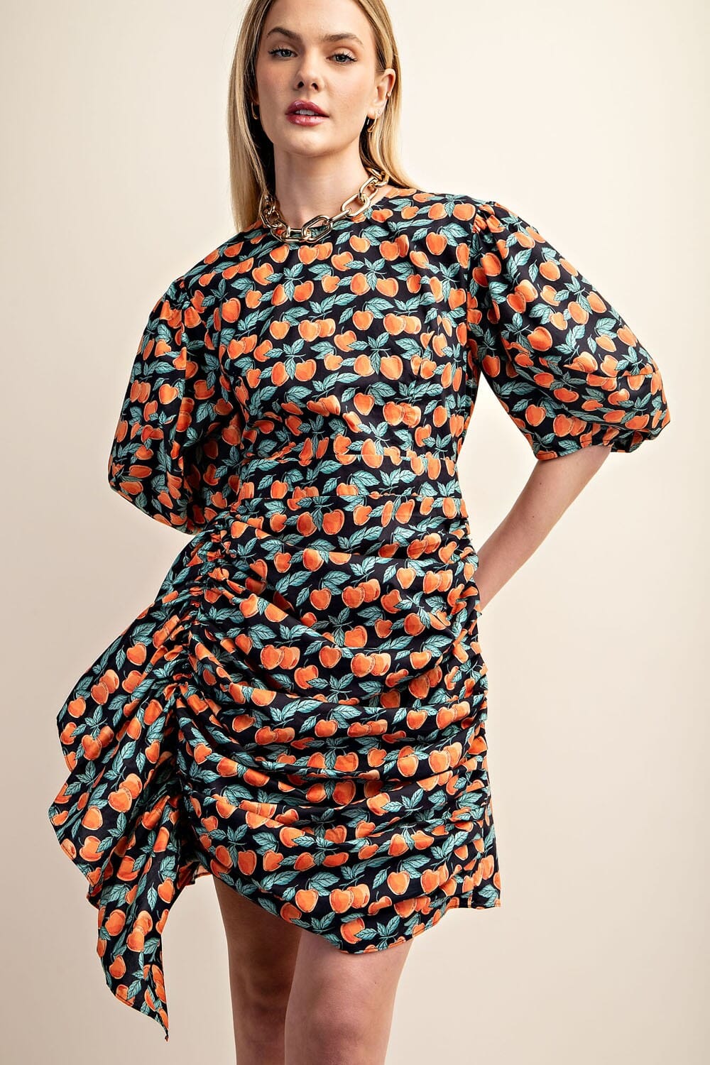 Peach Drape Mini Dress with Puff Sleeve Gigio