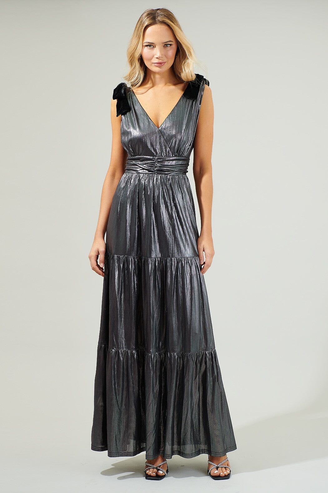 Pewter Cannes Liquid Satin Tiered Maxi Dress Sugarlips