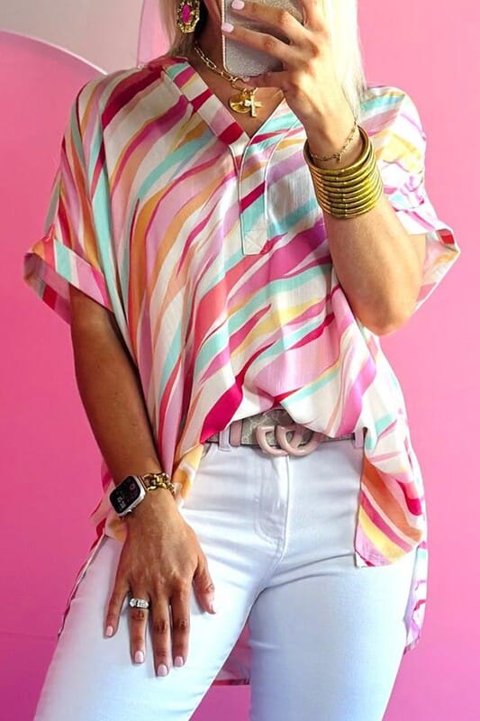 Pink Abstract Striped Hi-Low Top Youmi