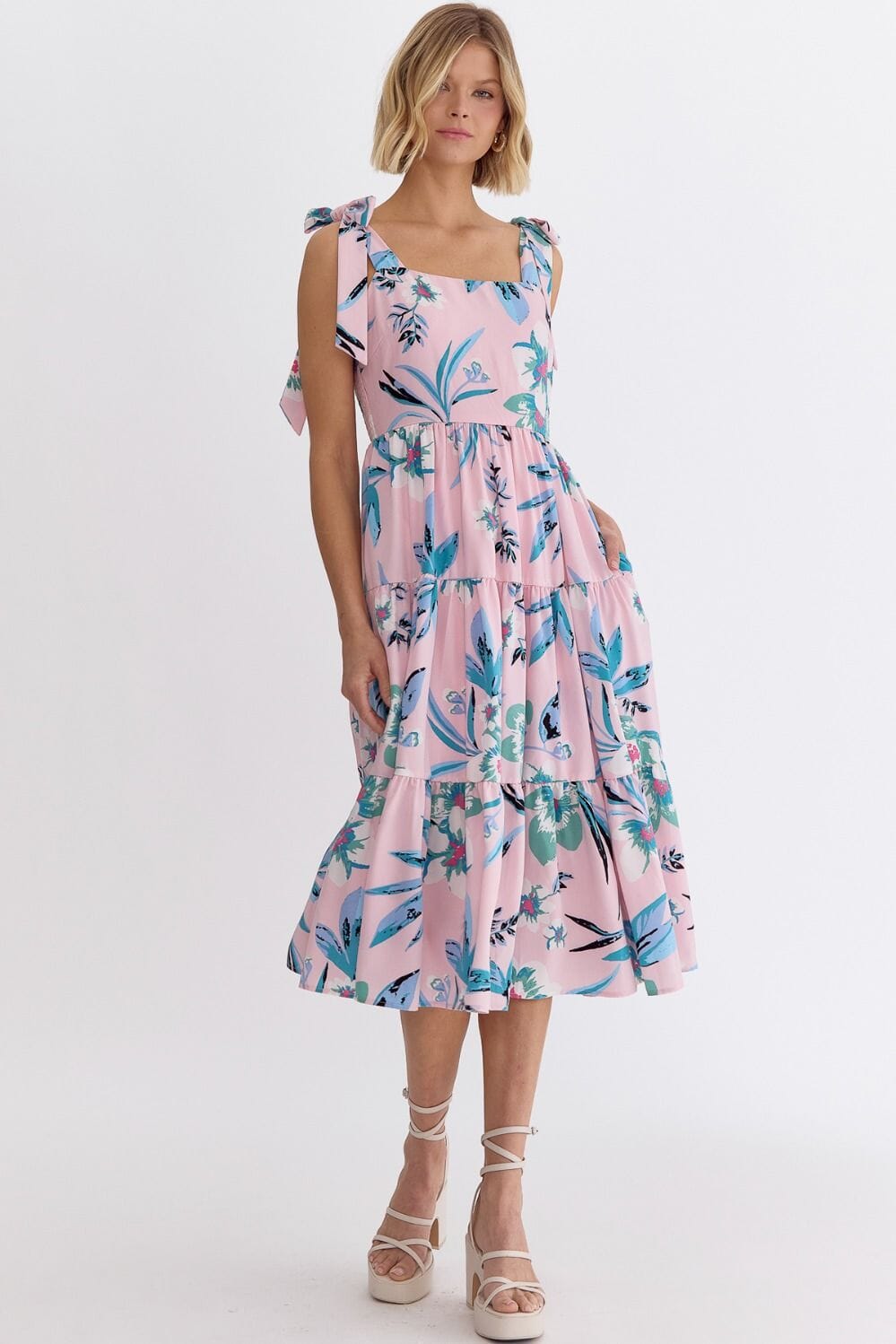Pink and Blue Floral Shoulder Tie Dress entro