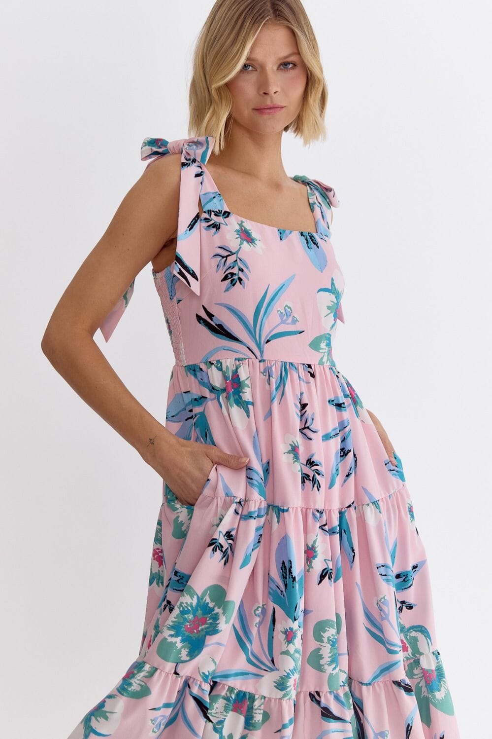 Pink and Blue Floral Shoulder Tie Dress entro