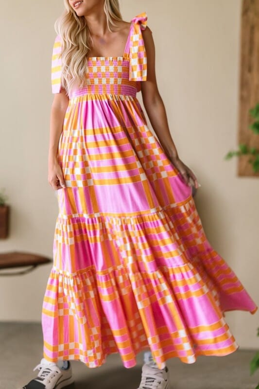 Pink and Orange Gingham Tie Shoulder Maxi Shewin