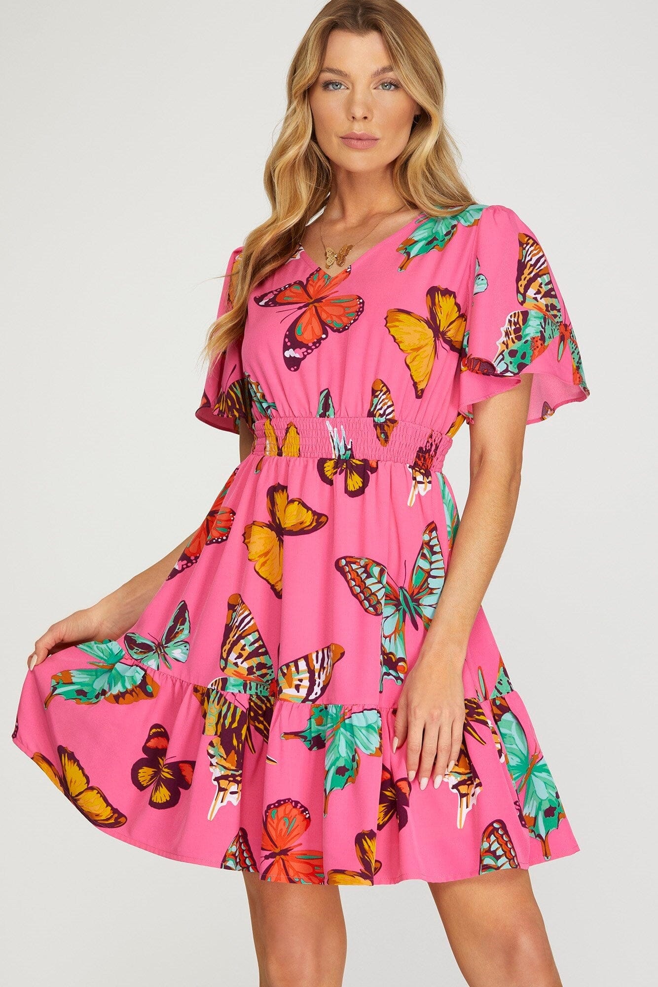 Pink Butterfly Smocked Waist Dress she + sky