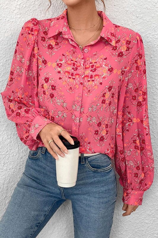 Pink Floral Collared Button Up Shiying
