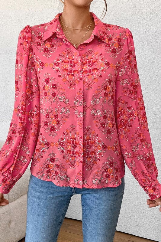 Pink Floral Collared Button Up Shiying