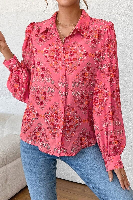 Pink Floral Collared Button Up Shiying