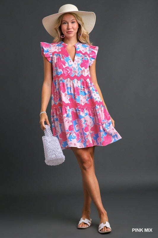 Pink Floral Dress with Ric Rac Detail Youmi