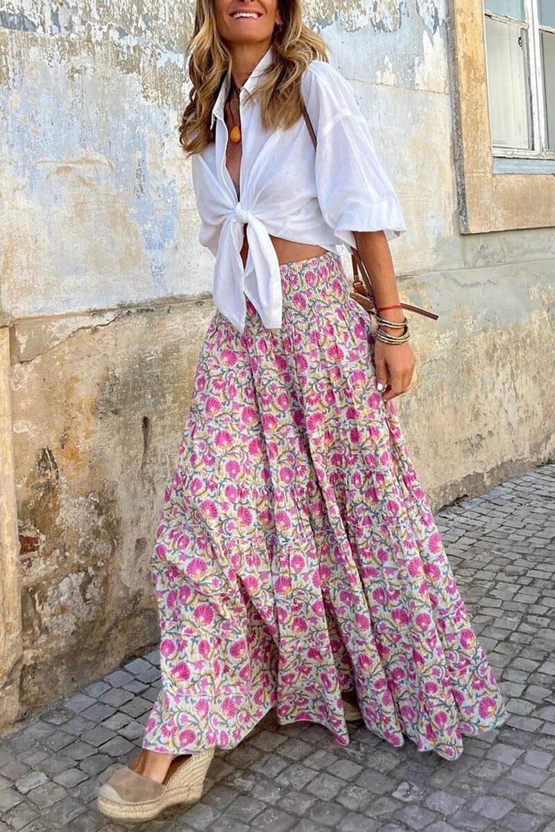 Pink Floral Elastic Waist Skirt Mayah Overseas