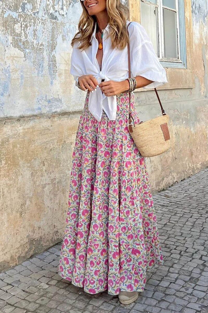 Pink Floral Elastic Waist Skirt Mayah Overseas