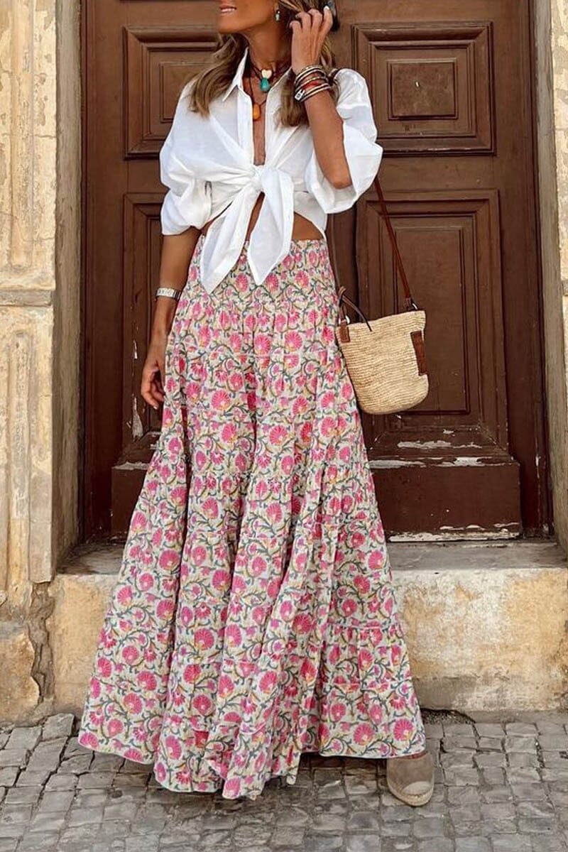 Pink Floral Elastic Waist Skirt Mayah Overseas