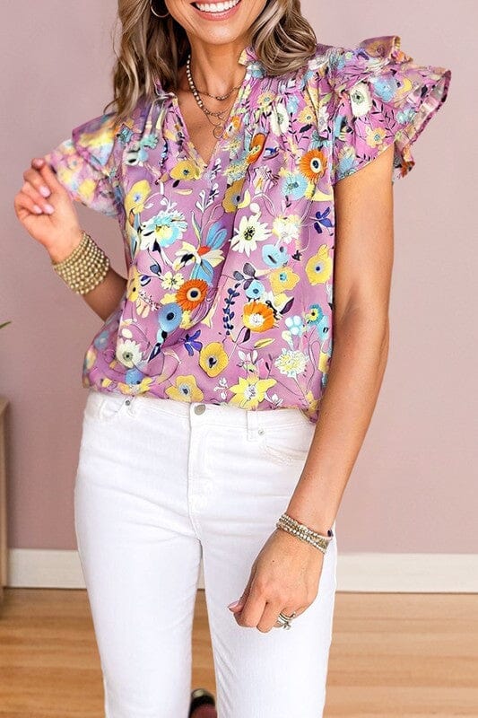 Pink Floral Flutter Sleeve Top Youmi