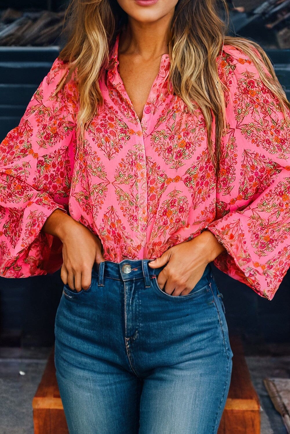 Pink Floral Puff Sleeve Shirt kentce