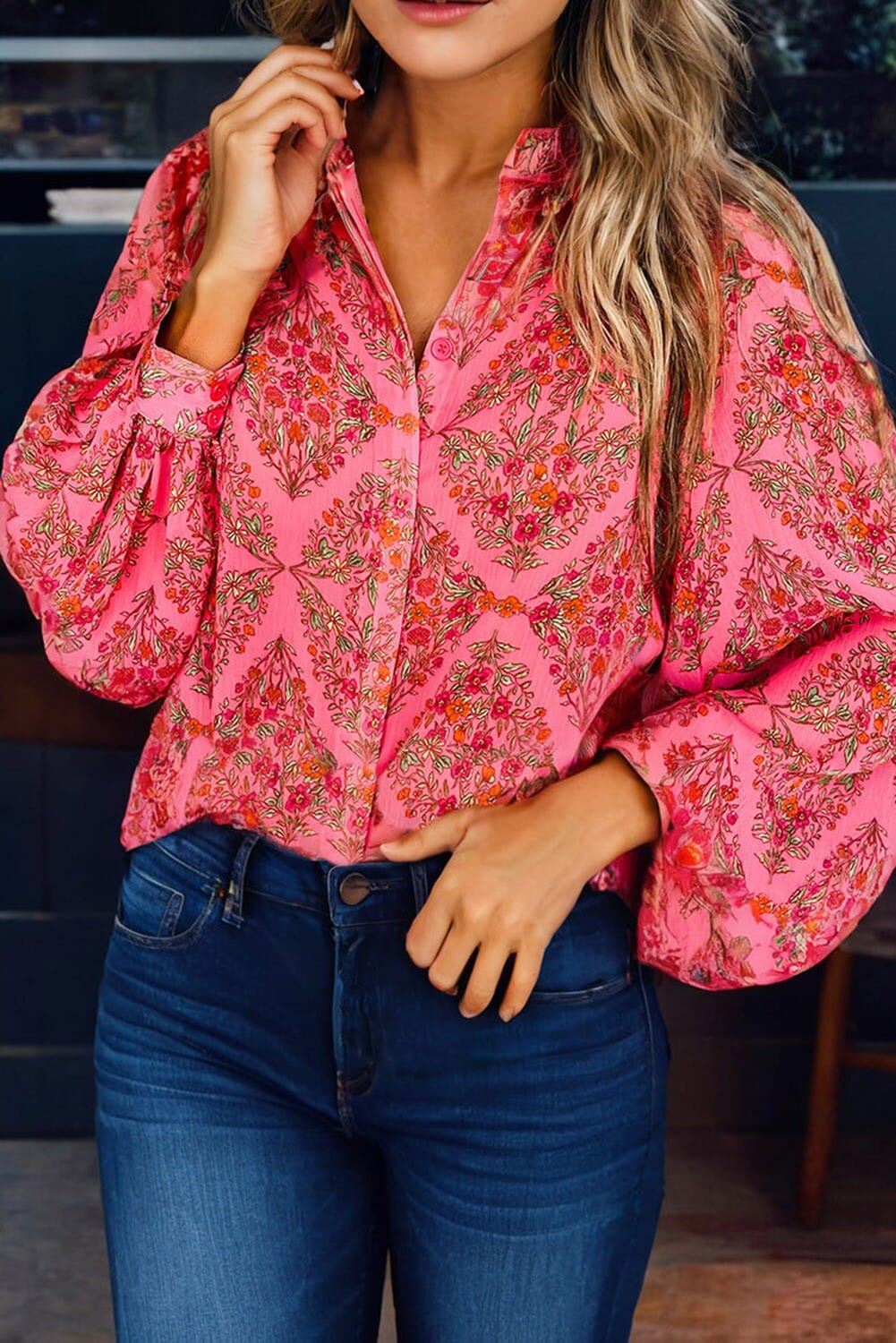 Pink Floral Puff Sleeve Shirt kentce