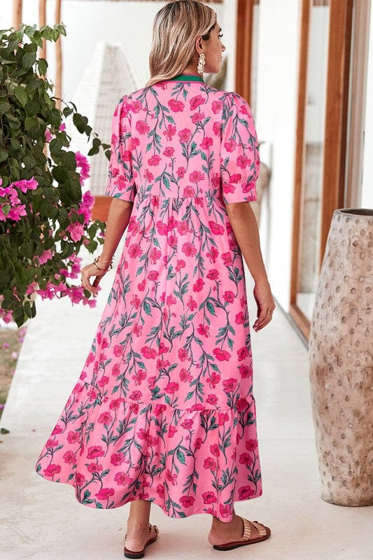 Pink Floral Split Neck Detail Maxi Shewin