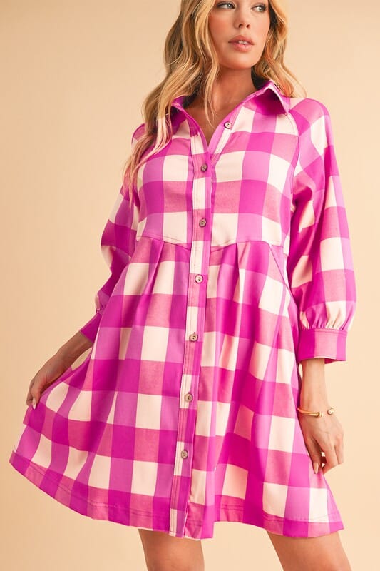 Pink Gingham Button Down Dress Shewin