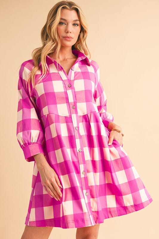 Pink Gingham Button Down Dress Shewin
