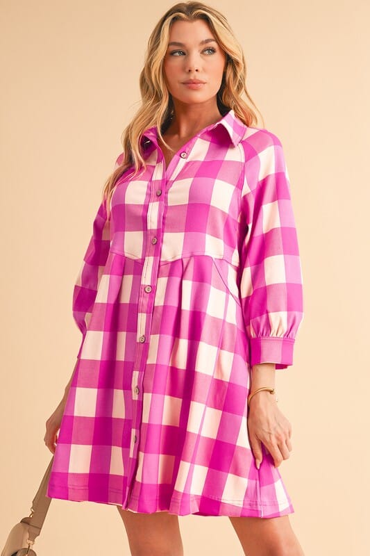 Pink Gingham Button Down Dress Shewin