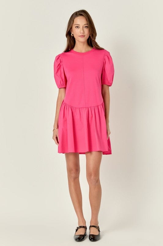 Pink Mixed Media Puff Sleeve Dress English Factory
