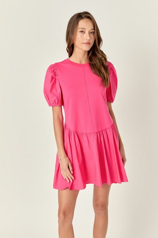 Pink Mixed Media Puff Sleeve Dress English Factory