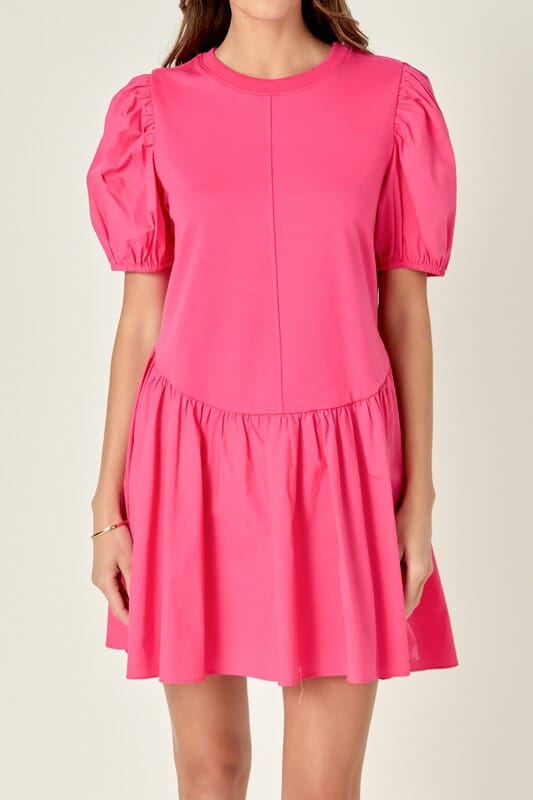 Pink Mixed Media Puff Sleeve Dress English Factory