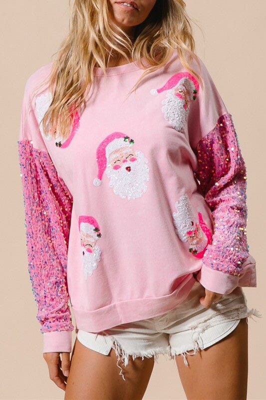 Pink Santa with Sequin Sleeves Sweatshirt Kentce