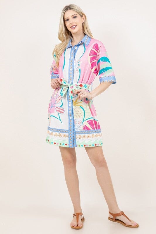 Pink Summer Printed Belted Dress Sundayup