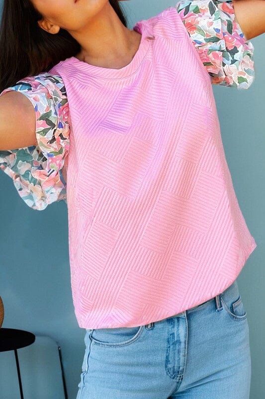 Pink Textured Top with Contrasting Floral Flutter Sleeves Kentce