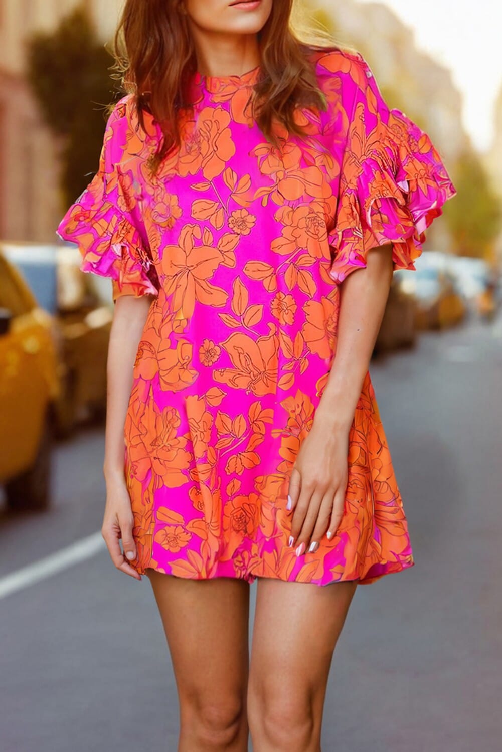 Pink Voluminous Ruffled Sleeve Floral Dress Kentce