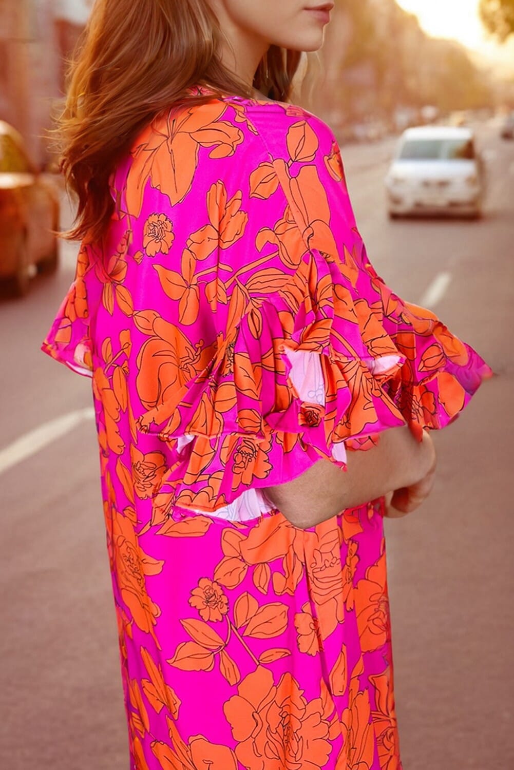 Pink Voluminous Ruffled Sleeve Floral Dress Kentce