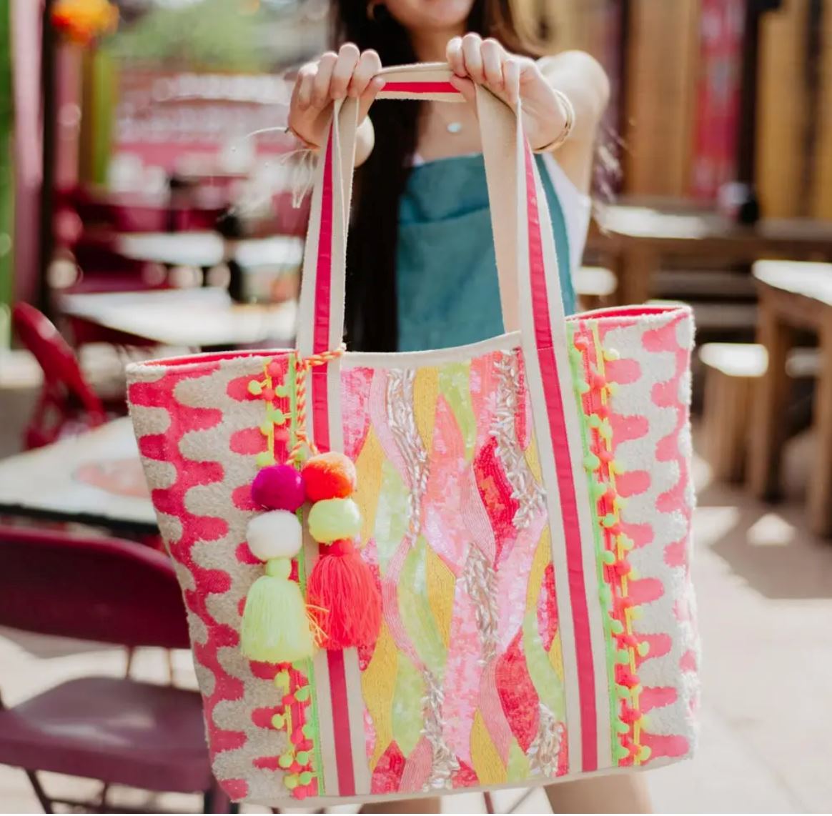 Pink/Yellow/Champagne Sequin & Beaded Large Tote Bag katydid
