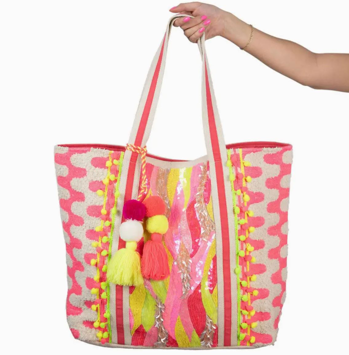 Pink/Yellow/Champagne Sequin & Beaded Large Tote Bag katydid