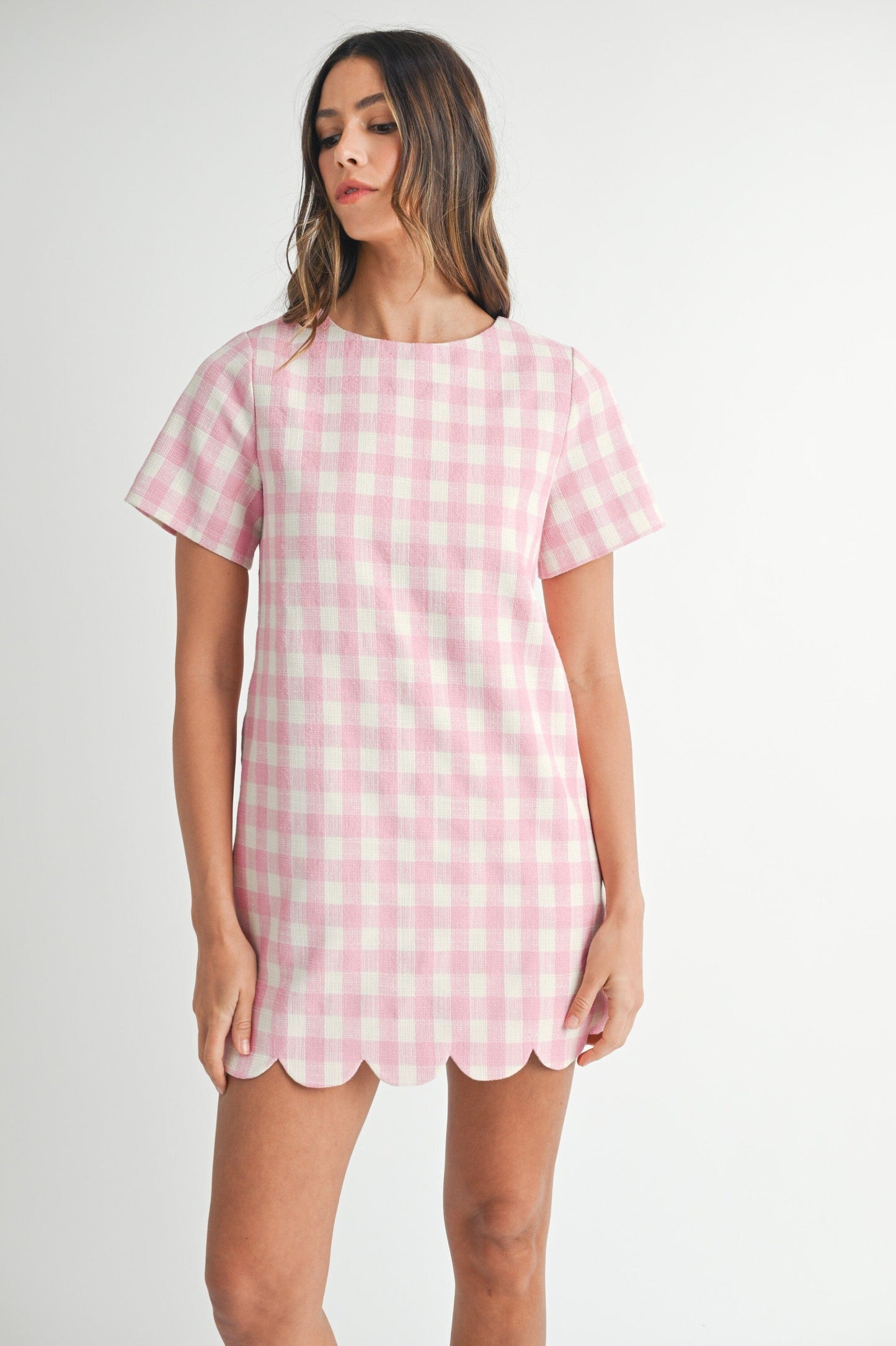 PLAID A-LINE MINI DRESS WITH SCALLOP HEM mable
