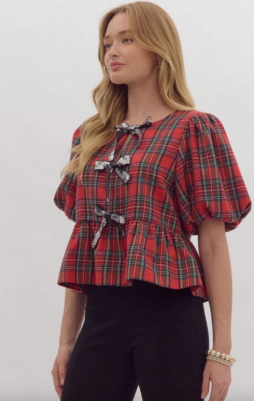 Plaid Peplum Sequin Bow Top Entro