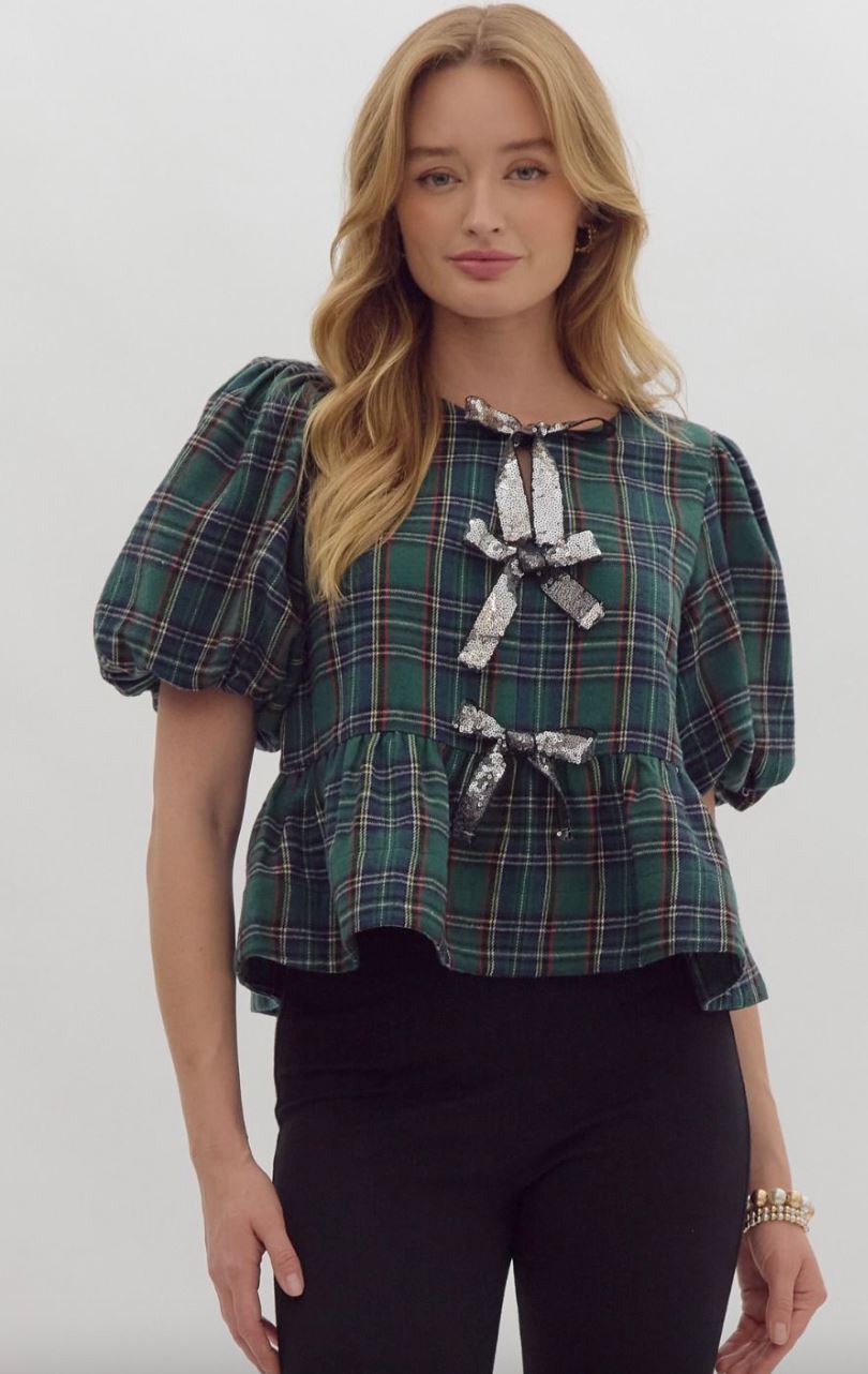 Plaid Peplum Sequin Bow Top Entro